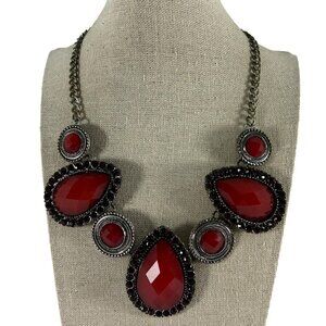 Silver Tone Necklace Red Acrylic Beads Rhinestones Ornate Statement Christmas